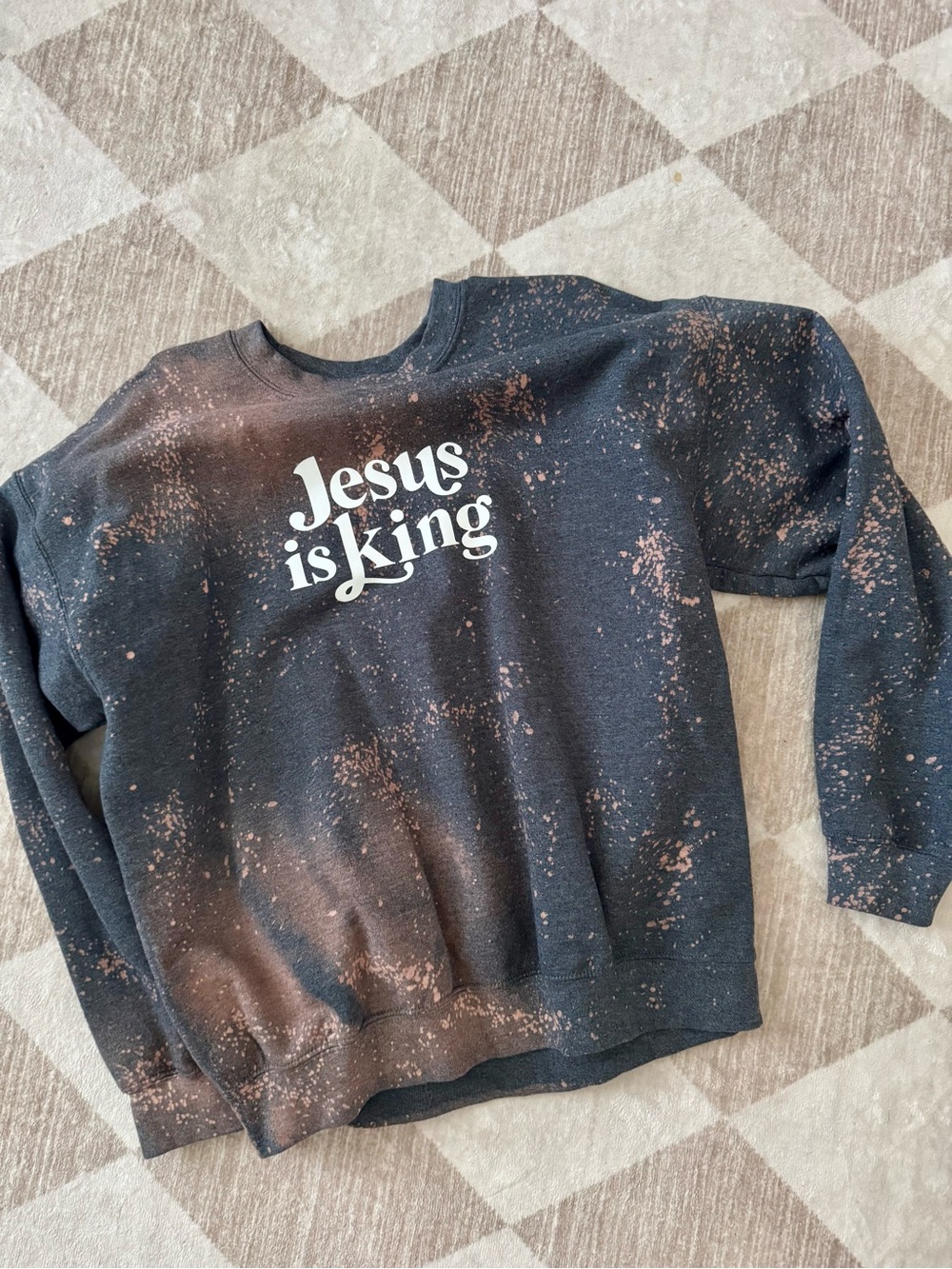 Jesus Is King Black Bleach-Splatter Crewneck Sweatshirt